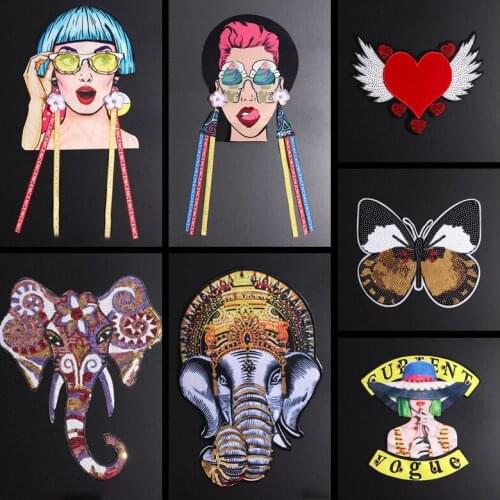 Fine Big Punk Girl Patches Sew On Beads luxurious Elephant Appliues Sequins Butterfly Love Wings Clothes Jackets Decor