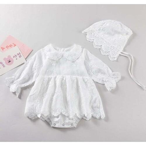 Baby Bodysuits White Baby Girl Clothing Flower Embroidery Baby Jumpsuit Girls Dress With Hat Princess Clothes Outfit