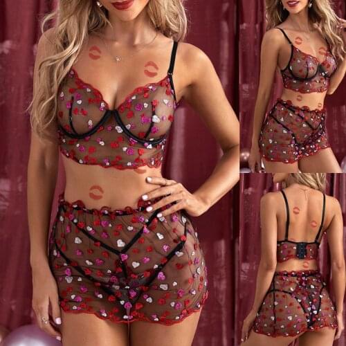 2PCS Sexy Lingerie set sexy hot Exotic Lingerie Embroidery Bra G-String Thong Underwear See-through Steel Ring Sling Underwear