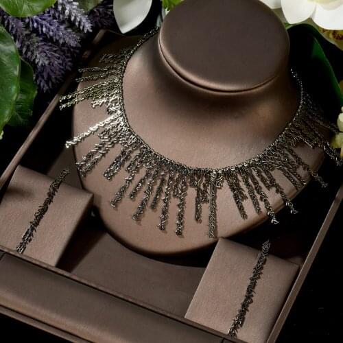 HIBRIDE Sparkling Full Cubic Zircon Jewelry Set Geometric Design Long Tassel Dangle Brincos Necklace Set Dress AccessoriesN-1465