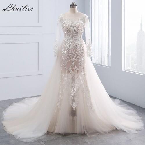 Lhuilier Lace Appliques Mermaid Tulle Champagne Wedding Dresses 2020 Scoop Neck Full Sleeves Detachable Train Bridal Dress