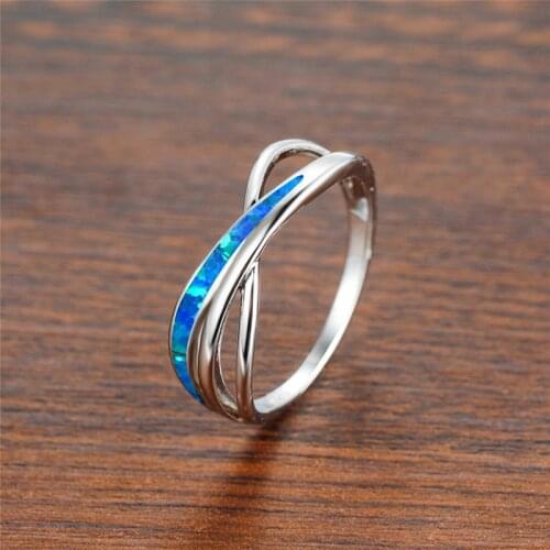 Simple Female Hollow Cross Thin Ring Charm Silver Color Thin Wedding Earrings Trendy Blue Opal Stone Engagement Rings For Women
