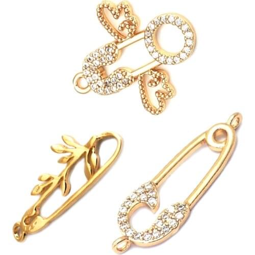 38881)6PCS 24K Champagne Gold Color Brass and Zircon 2 Holes Pin Shape Connect Charms Pendants Jewelry Making Diy Accessories