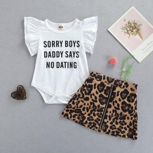 2Pcs Newborn Summer Baby Girls Outfits Letter Print Short Sleeve Romper Tops + Leopard Printed Zipper Skirt
