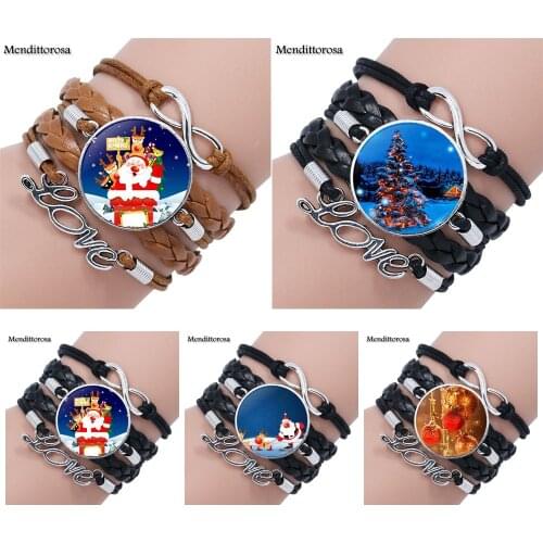 Mendittorosa Christmas Fasmous Brand Jewelry With Glass Cabochon Multilayer Black/Brown Leather Bracelet Bangle For Women Gift