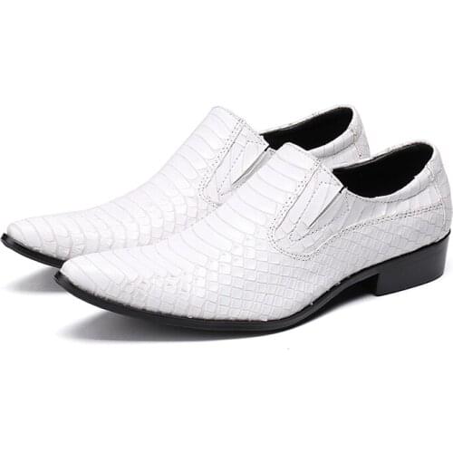 Fashion Print Men Formal Shoes White Leather Pointed Toe Dress Shoes Business Party Shoes Plus Size