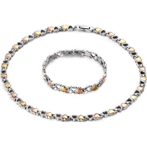 Love Heart Gold Silver Necklace Pendant Bracelet Jewlery Sets for Women Gift Fahion