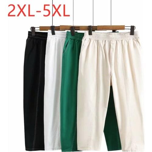 New 2021 Ladies Summer Plus Size Cropped Pants For Women Large Loose Casual Elastic Green White Pocket Trousers 2XL 3XL 4XL 5XL