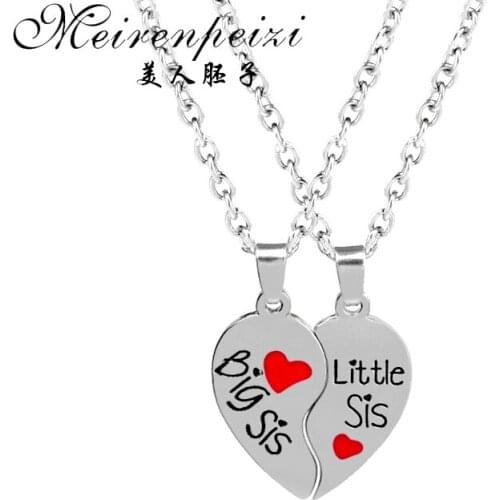 Big Sis Little Sis Sisters Best Friends Broken Heart Necklace Red Heart Pendants Necklace Family Love Girl New Year Gift 2PC/Set