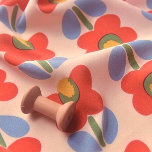 Pastoral Red Flower Imitation Linen Chiffon Fabric Dress Long Skirt Pants Childrens Cheongsam Anti-wrinkle Handmade DIY Fabric