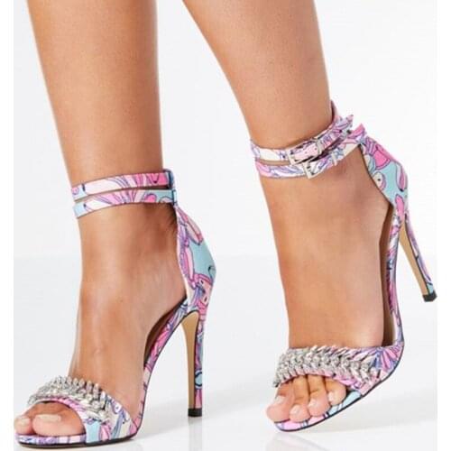 Multicolors Floral Rhinestones Stiletoos Sandals Woman High Thin Heels Ankle Strap Ladies Crystal Shoes Mature Large Size 32 35