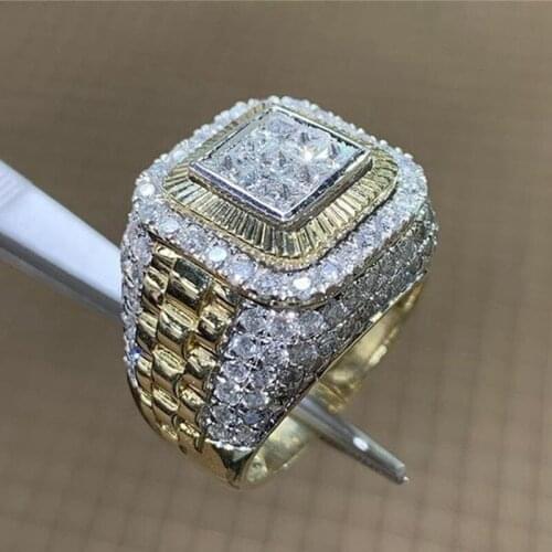 Crystal Ring Square Micro Pave Rhinestone Iced Golden Rings Men HIP Hop Style Jewelry Fashion Christmas Party Gift