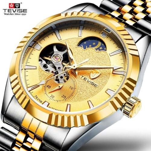 TEVISE Tourbillon Mechanical Watch Men Automatic Moon Phase Luminous Waterproof Clock Male Causal Mens Mechanical Watches