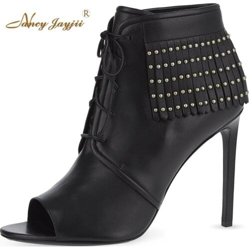 Rivet Open Toe Fringle Ankle Boots Women Black Pleather Lace Up High Heels Shoes Woman Plus size 5 14 Zapatos Mujer NancyJayjii
