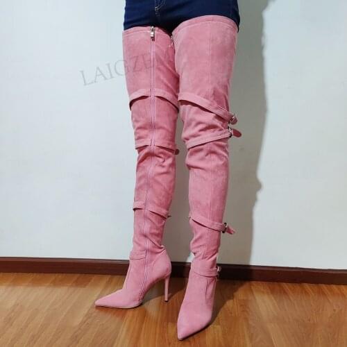 SEIIHEM Women Over Knee Boots Buckle Straps Zip Up Heeled Boots Thigh High Pink Party Prom Shoes Woman Botas Big Size 42 43 47