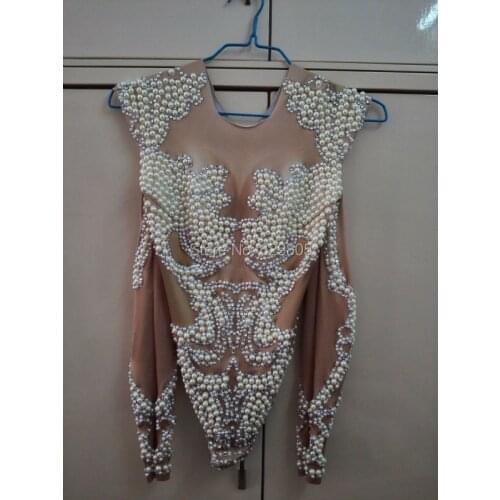 Sexy Pearls Long Sleeves Bodysuit Womens Outfit Party Dance Body suit Nightclub Bar Costume Female Singer Leotard Wear