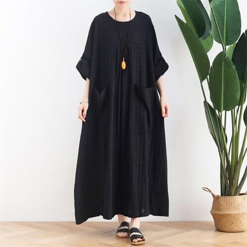 QPFJQD Women Cotton Black Pockets Dress 2021 Autumn Summer Bat Sleeve Original Jacquard Women Retro Robes Dresses O Neck