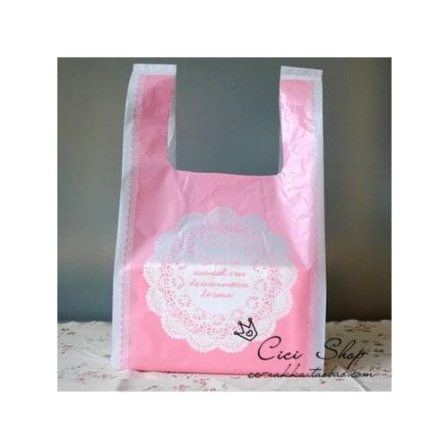 200 Pink Lace Gift Bags With Handles,smal plastic shopping packaging T shirt bag,18x35CM