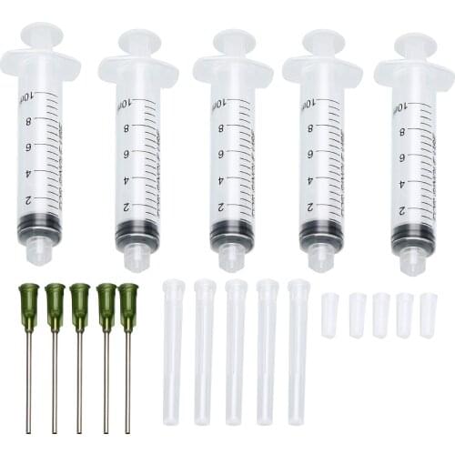 5 Pack 10ml Plastic Syringes With 5pcs 14 ga 1.5 Inch Stainless Steel Blunt Tip Syringe Needle & 5pcs Clear Tip Cap For Gel Glue