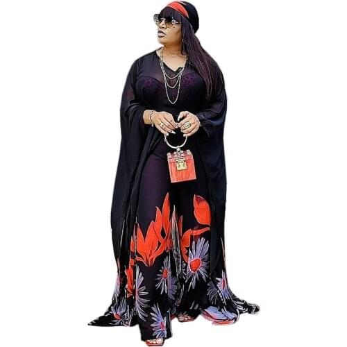 African Suit for Women 2021 African Women Black Printing 2 Pieces Top and Long Pant African Clothes for Women American Clothing
