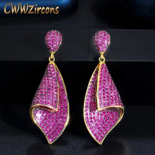 CWWZircons Fancy Micro Pave Hot Pink Red Cubic Zironia Stone Long Dangle Drop Earring for Women 3D Luxury Designer Jewelry CZ692