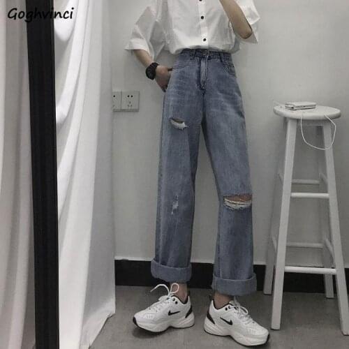 Jeans Women Holes Ripped Vintage Straight Trousers Chic Hip-hop Harajuku Summer Retro Simple Students Daily Streetwear Ulzzang