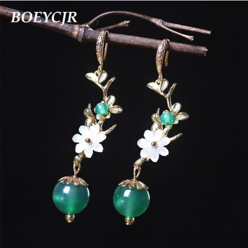 BOEYCJR Ethnic Vintage Shell Flower Green Stone Bead Dangle Earrings Fashion Jewelry Drop Hook Earrings For Women Gift