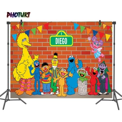 PHOTURT Sesame Street Backdrops Kids Birthday Background Elmo Cookie Monster Brick Wall Polyester Vinyl Photo Photography Prop