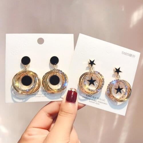 Korean version of the exaggerated stars round geometric crystal multi-layer crystal tassel earrings popular girl birthday gift