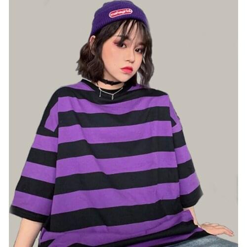 Fashion Hip Hop Women T-Shirt Loose Summer Oversized Striped O-Neck Female Tops Tees Funny Casual Japan Harajuku T Shirt Femme