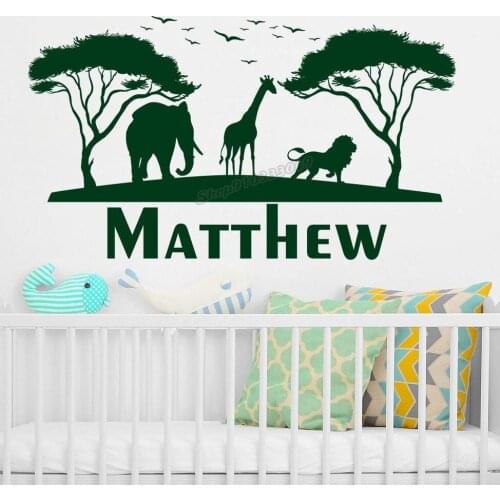 African Safari Animals Name Wall Decal Custom Personalized Name Vinyl Wall Stickers for Kids Room Childrens Bedroom Decor B153
