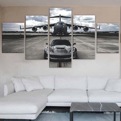 5 panels airplane sports car canvas painting wall art home decor modular black white picture posters and prints living room deco