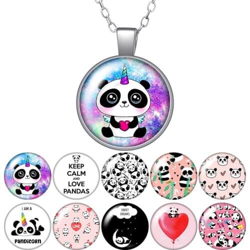 Lovely Panda Cute patterns Round Pendant Necklace 25mm Glass Cabochon Silver color Jewelry Women Party Birthday Gift 50cm