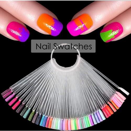 50 Pcs Clear Fan-shaped False Nail Swatch Sticks Nail Polish Practice Display Art Tips Nail Sample Sticks With Metal Split Ring