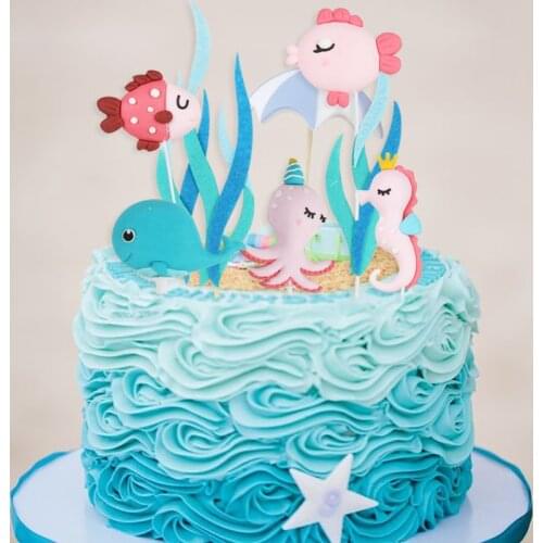Mermaid Party Cake Toppers Cartoons Blue Whale Octopus Hippocampus Crab Seaweed Fish Topper Cake Kid Birthday Party Decorations