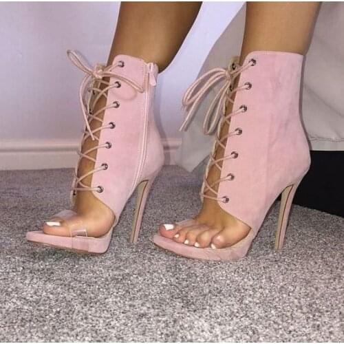 Moraima Snc Lace-up Gladiator Sandals Boots Lady Sweety Pink Thin High Heels Ankle Boots Summer Open Toe High Heel Shoes