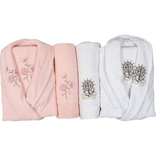 Scar Embroidered 100 Cotton 4 Piece Bathrobes Set Cream Lilac