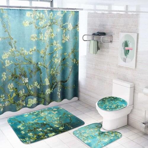 Blooming Apricot Flower Pattern Polyester Waterproof Bathroom Shower Curtain With 12 Hooks Floor Mats Pads Set 180x180cm