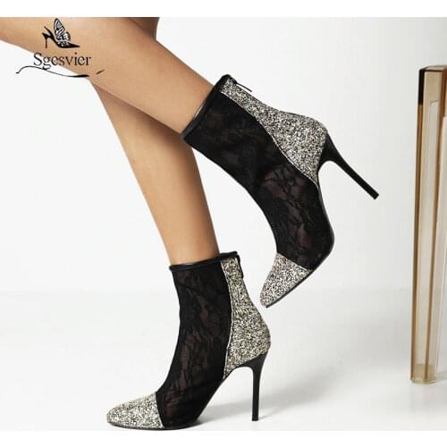 Sgesvier Black White Women Ankle Boots Pointed Toe Thin High Heel Ladies Summer Boots Bling Zipper Women Mesh Boots Dress Shoes