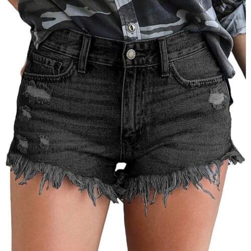 Women Summer Cool Denim Booty Shorts High Waist Distressed Hole Solid Color Jeans Shorts