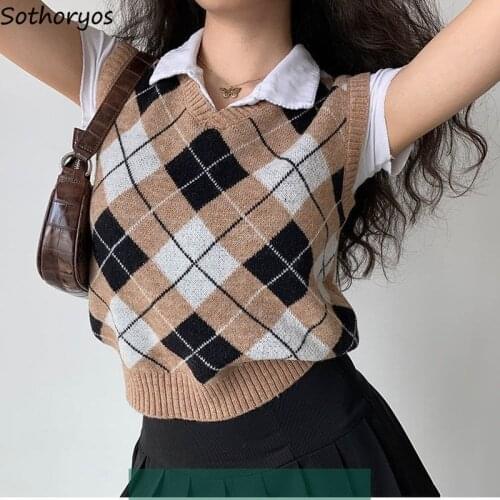 Women Sweater Vests Argyle V-neck Slim Preppy Style College Stylish Jumpers Casual Teens Vintage All-match Ulzzang Daily Tender