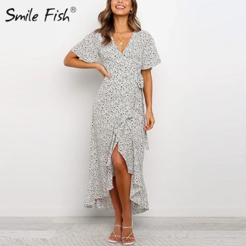 2020 New Summer Boho Indie Folk Women Dress Beach Wrap Dress Party Sundress Sexy Floral V-Neck Elegant Dot Printed Holiday M0777