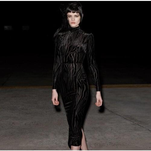 Celebrity Bandage Dress Vintage Black Turtleneck Full Sleeves Mid Dress 2020 Elegant Women Evening Party Dress