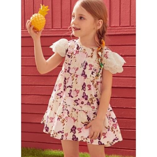 2021 Fashion Baby Girls Dress Summer Dress Casual Big Hem White Floral Printed Pattern Fly Sleeves Zipper Closure 18 M - 6 Y