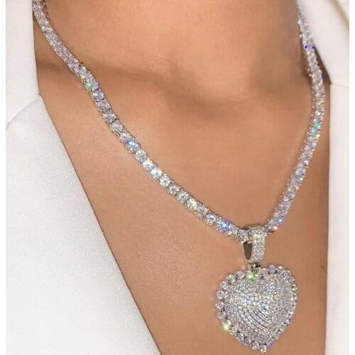 2021 New Silver Color Heart Pendant Choker HipHop Full Iced Out Cubic Zirconia 5A CZ Stone Tennis Chain Necklace Women Jewelry