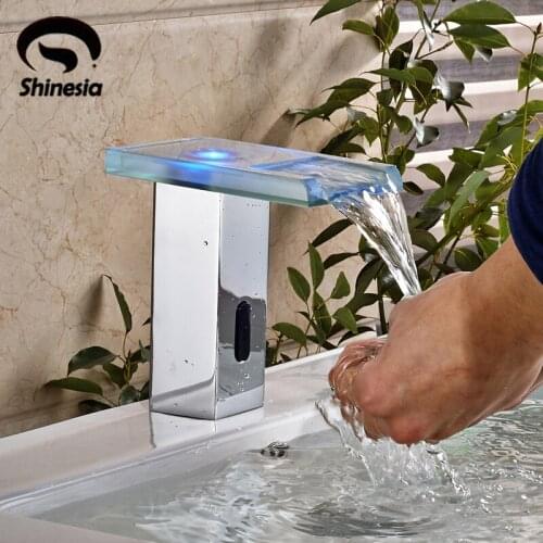 LED Light Touchless Automatic Bathroom Basin Faucet Sense Mixer Tap Hot and Cold Water Faucet Chrome Polished