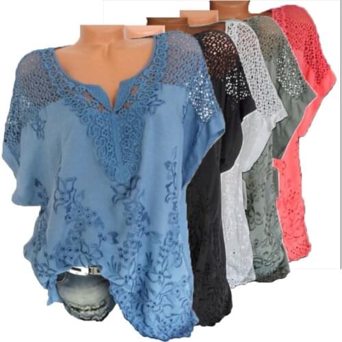 Embroidery Blouse Women 2020 Summer Casual Large Size Lace Cotton Women Shirts V-neck Bat Sleeve High Quality Tops Plus Size 6XL
