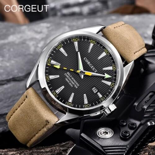 CORGEUT Sapphire Crystal Mens Mechanical Watch Calendar Waterproof Sports Watch Leather Luminous Mens Watch Relógio masculino