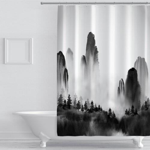 Ink Painting Red Sun Cloud Mist Mountain Cloud Horror Zombie Shower Curtain Washable Shower Room Waterproof and Mildew Proof