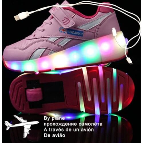 28-40 Pink Black USB Charging Fashion Girls Boys LED Light Roller Skate Shoes For Children Kids Sneakers With Wheels One wheels